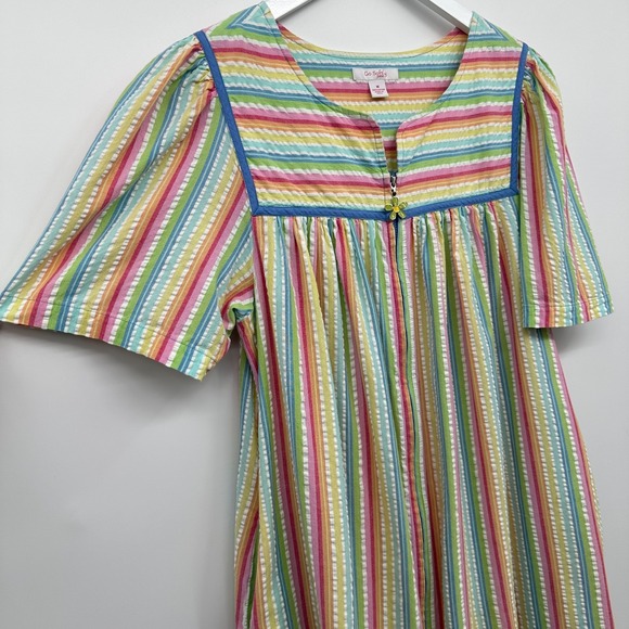 Go Softly Patio House Dress Lounge MuMu Size Medium Pocket Full Zip Rainbow Boho - Picture 2 of 12